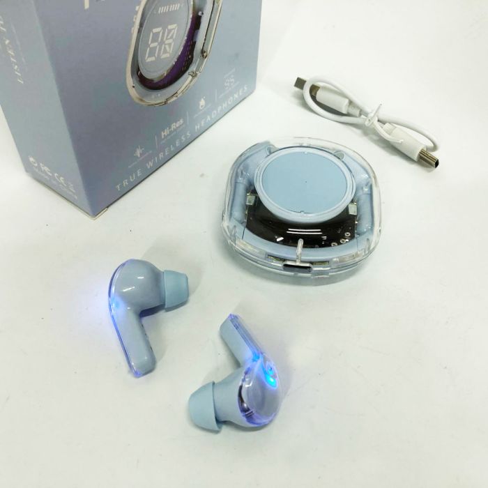 Беспроводные наушники TWS T8 PRO с прозрачным кейсом Вакуумные LED дисплей Bluetooth 5.3. Цвет: голубой