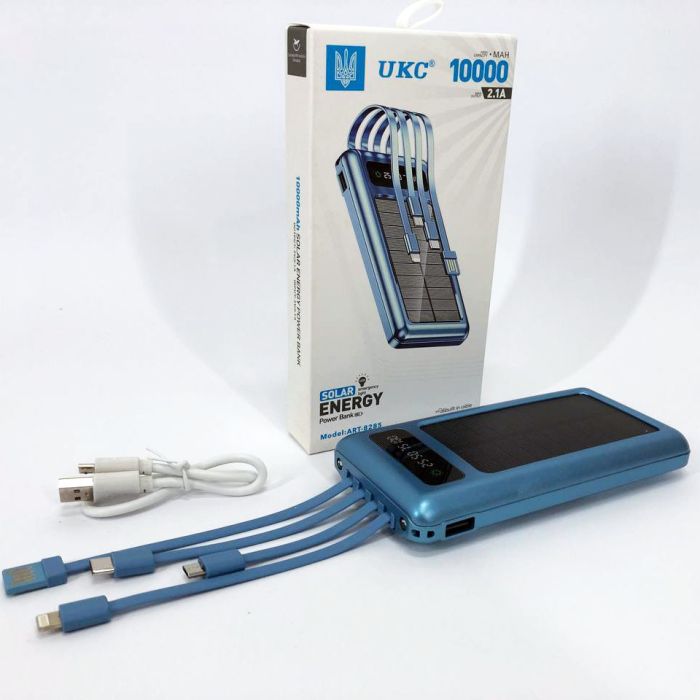 Портативное зарядное устройство на 10000 mAh, Power Bank на солнечной батарее, зарядка. Цвет: синий