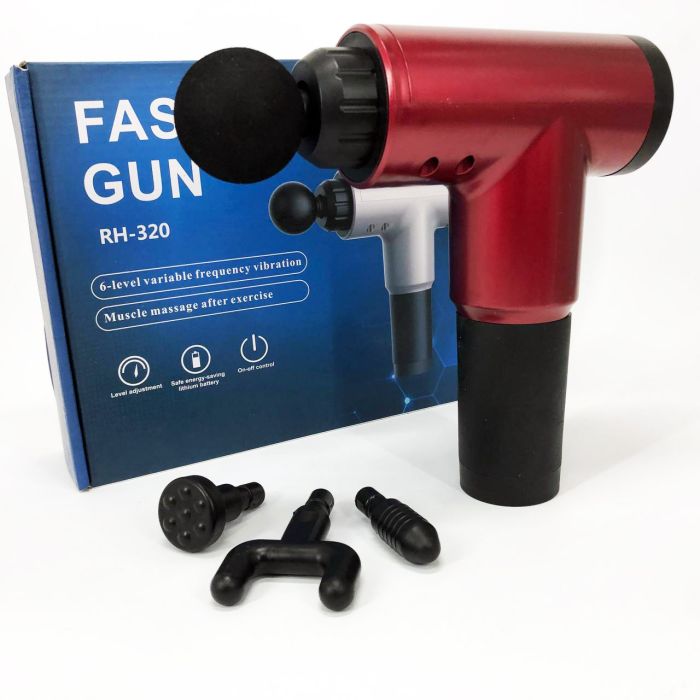 Аккумуляторный массажер Fascial Gun KH-320 портативный ручной ударный мышечный пистолет 4 насадки красный