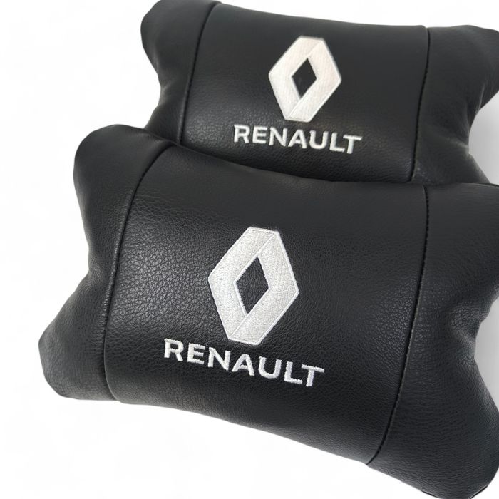 Набор подушек 2шт для автомобиля Renault, натуральная кожа, на подголовник в машину с логотипом Рено