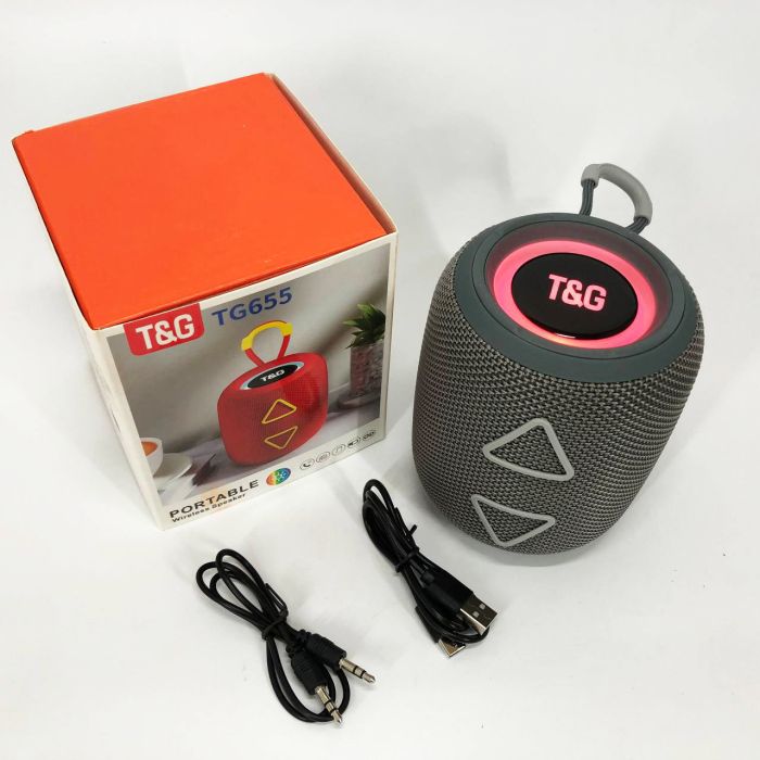 Портативная колонка TG655 5W с RGB подсветкой и ремешком, Громкая блютуз колонка. Цвет: серый