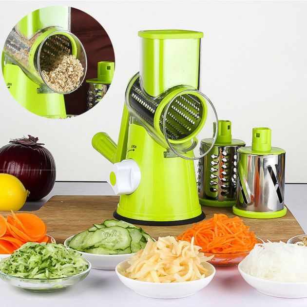 Овощерезка мультислайсер Tabletop Drum Grater Kitchen Master Терка для овощей и фруктов 3 насадки. Цвет: зеленый
