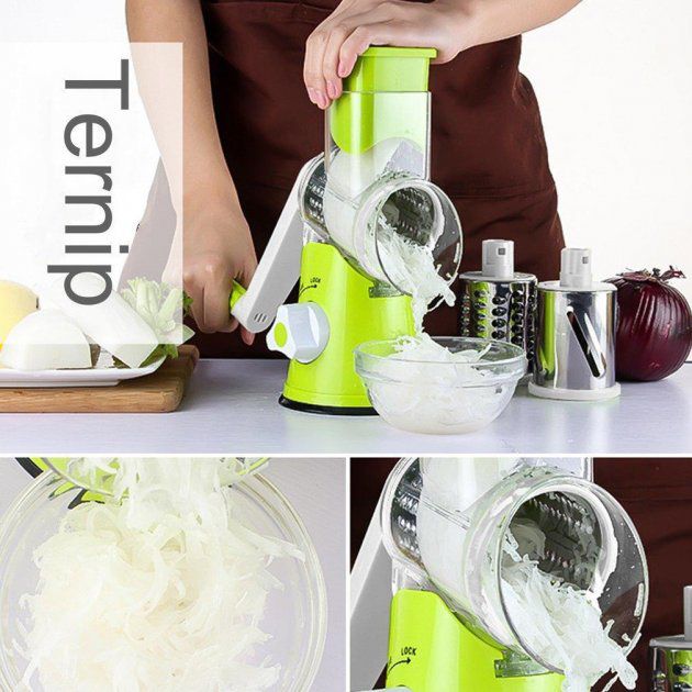 Овощерезка мультислайсер Tabletop Drum Grater Kitchen Master Терка для овощей и фруктов 3 насадки. Цвет: зеленый