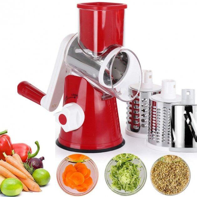 Овощерезка мультислайсер Tabletop Drum Grater Kitchen Master Терка для овощей и фруктов 3 насадки. Цвет: красный