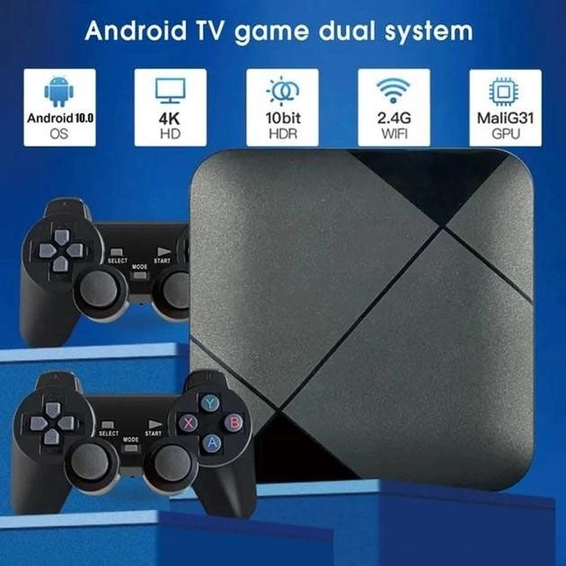 Игровая консоль приставка для телевизора 4K система Android TV 10 4G Wi-Fi HD с двумя джойстиками