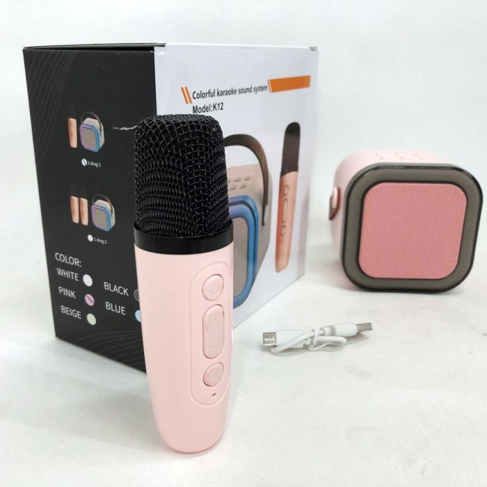 Портативная колонка с караоке микрофоном и RGB подсветкой K12 10W Bluetooth. Цвет: розовый