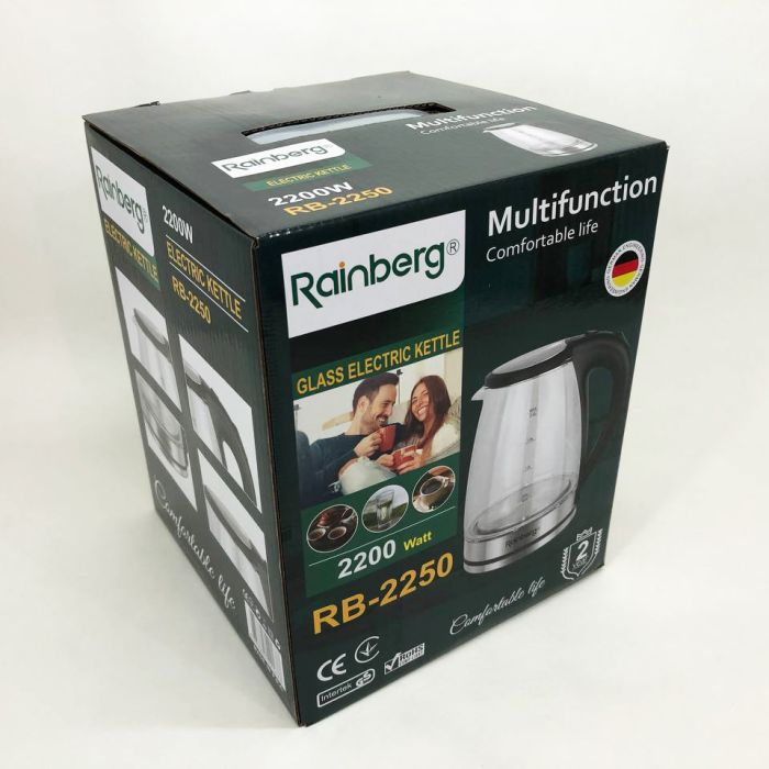 Электрический стеклянный чайник Rainberg RB-2250 с LED подсветкой 2200 Вт 1.8л, хороший электро чайник