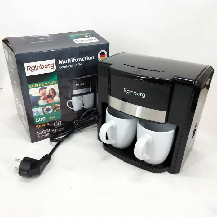 Кофеварка капельная Rainberg RB-613 (0,3 л, 500 Вт) с двумя керамическими чашками, маленькая кофемашина