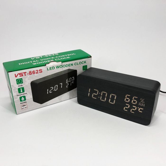 Электронные настольные часы VST-862S-6 черные с белой подсветкой, с датчиками температуры и влажности