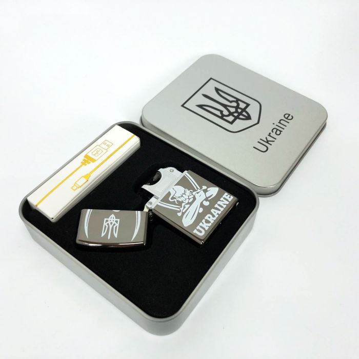 Дуговая электроимпульсная USB зажигалка Украина (металлическая коробка) HL-449. Цвет: черный