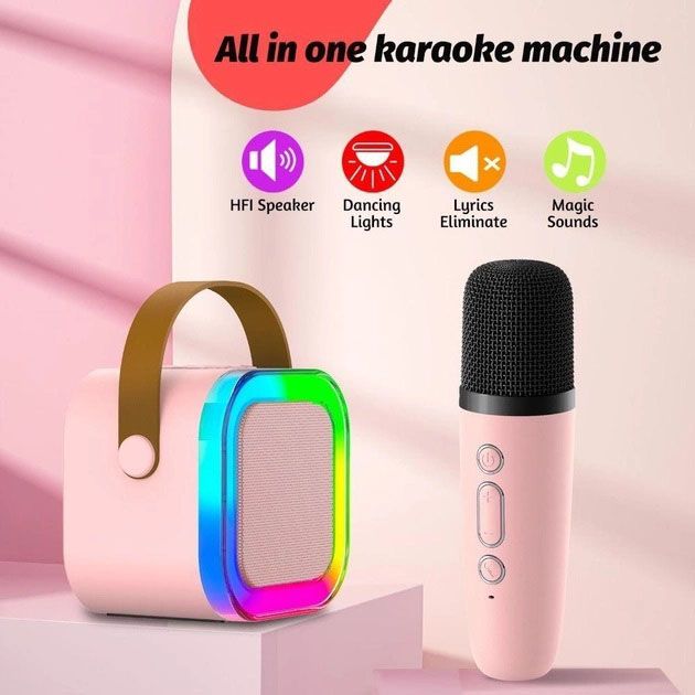 Портативная колонка с караоке микрофоном и RGB подсветкой K12 10W Bluetooth. Цвет: розовый