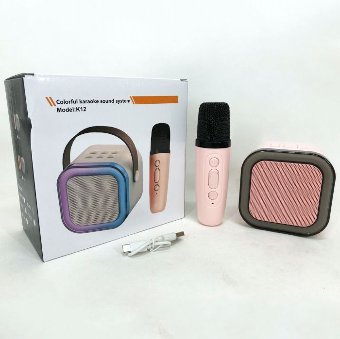 Портативная колонка с караоке микрофоном и RGB подсветкой K12 10W Bluetooth. Цвет: розовый