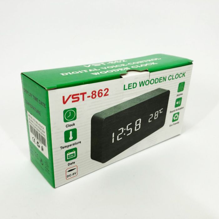 Электронные часы VST-862-4, с датчиком температуры, будильник, питание от USB. Цвет: черный-зеленый