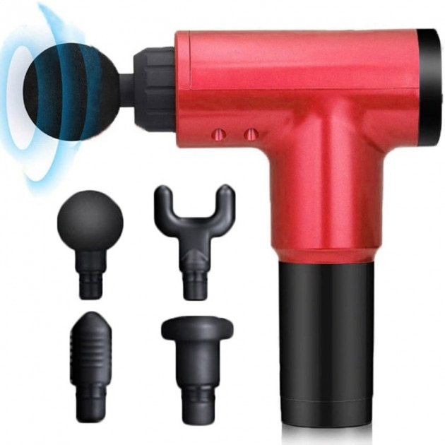 Аккумуляторный массажер Fascial Gun KH-320 портативный ручной ударный мышечный пистолет 4 насадки красный