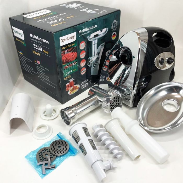 Мясорубка Rainberg RB-675 3800W с соковыжималкой, мясорубка электрическая металл. Цвет: черный