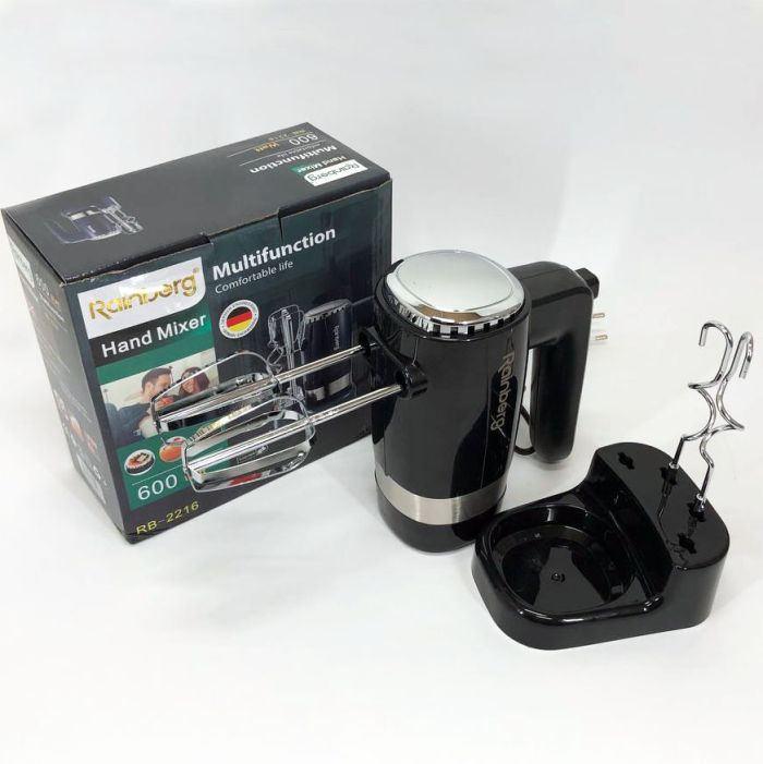 Миксер ручной Rainberg RB-2216 (5 скоростей, 2 насадки и подставка) 600W, мощный миксер блендер ручной
