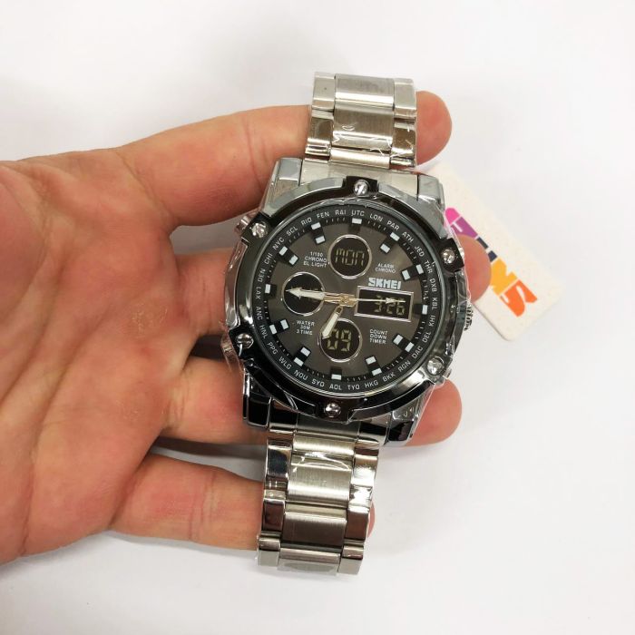 Часы наручные мужские SKMEI 1389SIBK SILVER-BLACK, модные мужские часы. Цвет: серебряный + черный