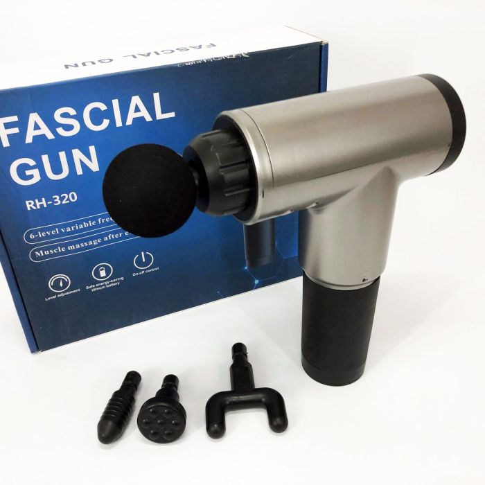 Аккумуляторный массажер Fascial Gun KH-320 портативный ручной ударный мышечный пистолет 4 насадки серый