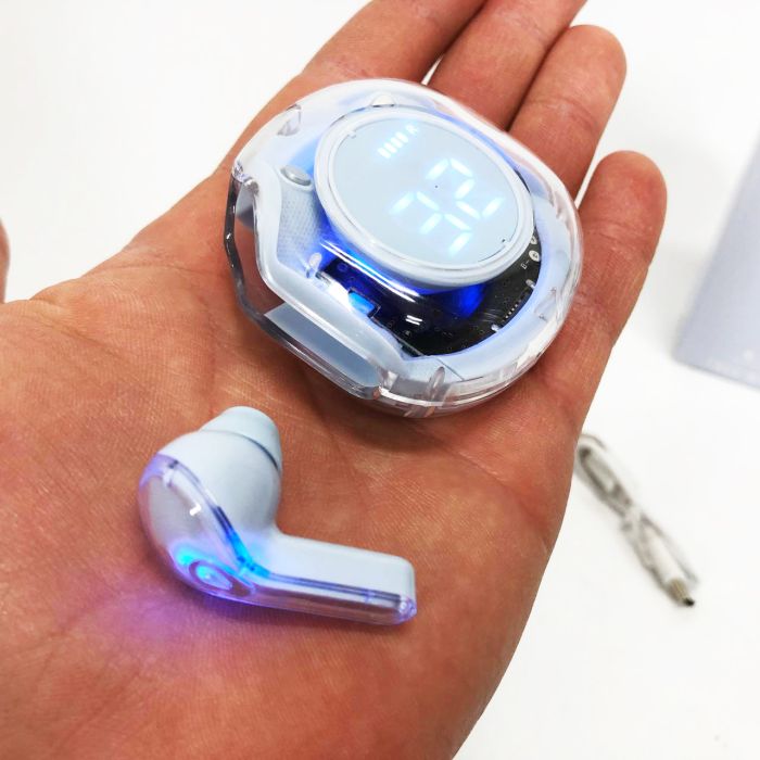 Беспроводные наушники TWS T8 PRO с прозрачным кейсом Вакуумные LED дисплей Bluetooth 5.3. Цвет: голубой