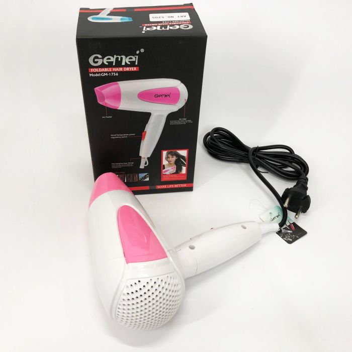 Фен для волос складной дорожный Gemei GM-1756 1200 Вт, Домашний фен для укладки. Цвет: розовый