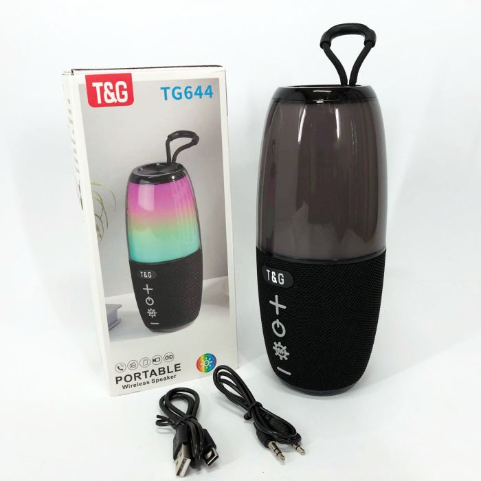 Портативная колонка TG644 5W с RGB подсветкой и ремешком, блютуз колонка с аккумулятором. Цвет: черный