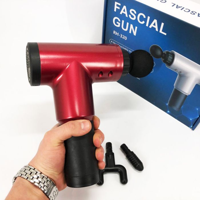 Аккумуляторный массажер Fascial Gun KH-320 портативный ручной ударный мышечный пистолет 4 насадки красный