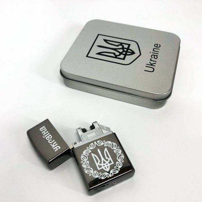 Дуговая электроимпульсная USB зажигалка Украина металлическая коробка HL-447. Цвет: черный