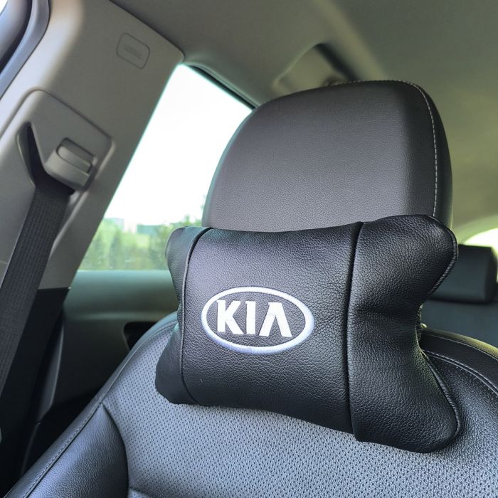 Автодушки 2 шт на подголовник Kia/Киа, натуральная кожа, черные, Подголовник для авто с комфортом