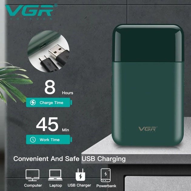 Аккумуляторная мужская мини электробритва VGR V-390 для бритья бороды и усов шейвер. Цвет: зеленый