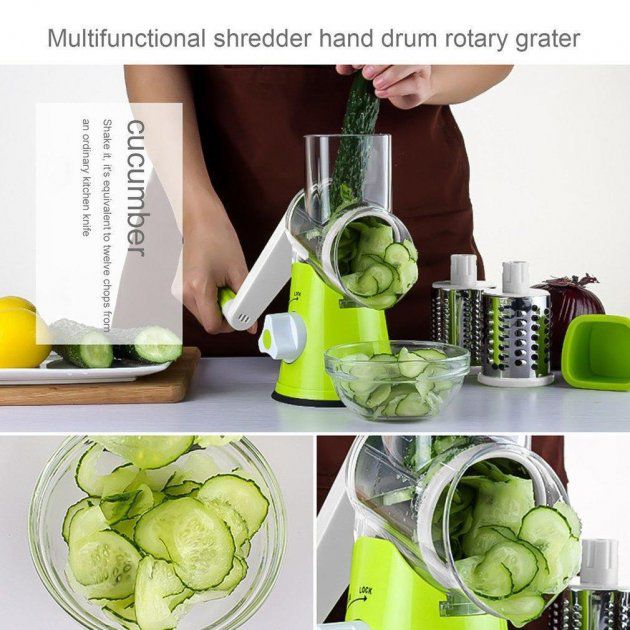 Овощерезка мультислайсер Tabletop Drum Grater Kitchen Master Терка для овощей и фруктов 3 насадки. Цвет: зеленый