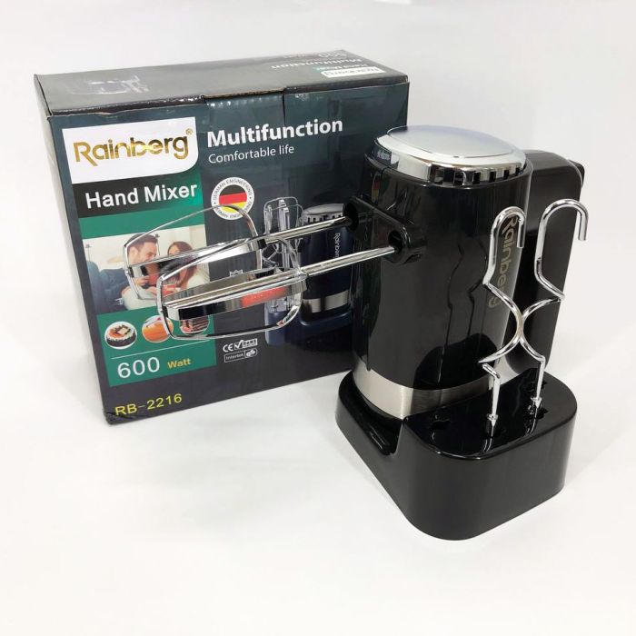 Миксер ручной Rainberg RB-2216 (5 скоростей, 2 насадки и подставка) 600W, мощный миксер блендер ручной