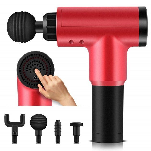 Аккумуляторный массажер Fascial Gun KH-320 портативный ручной ударный мышечный пистолет 4 насадки красный