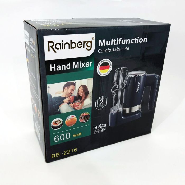 Миксер ручной Rainberg RB-2216 (5 скоростей, 2 насадки и подставка) 600W, мощный миксер блендер ручной