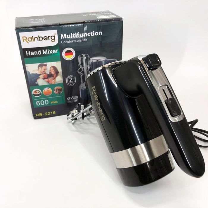 Миксер ручной Rainberg RB-2216 (5 скоростей, 2 насадки и подставка) 600W, мощный миксер блендер ручной