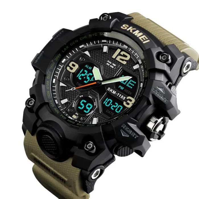Часы наручные мужские SKMEI 1155BKH KHAKI, водостойкие тактические часы, армейские часы. Цвет: хаки