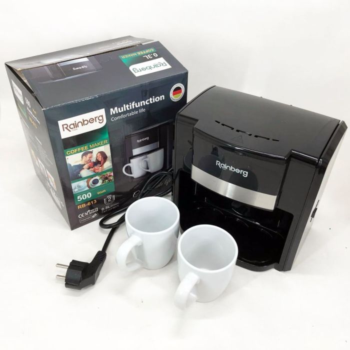 Кофеварка капельная Rainberg RB-613 (0,3 л, 500 Вт) с двумя керамическими чашками, маленькая кофемашина