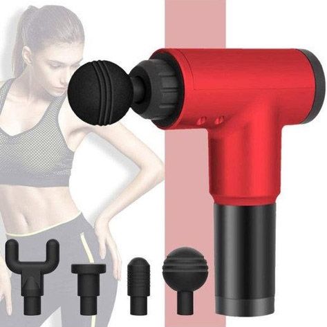 Аккумуляторный массажер Fascial Gun KH-320 портативный ручной ударный мышечный пистолет 4 насадки красный