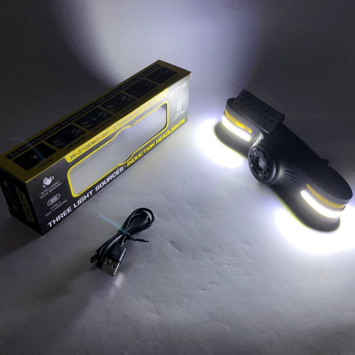 Фонарь налобный T134-XPE-4COB (white+yellow+red) Motion Sensor, налобный фонарик с usb зарядкой