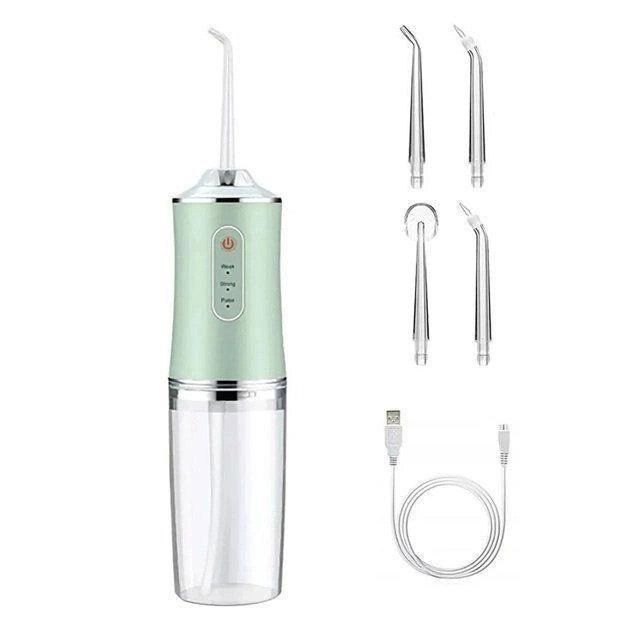 Ирригатор для чистки зубов и полости рта Oral Irrigator с аккумулятором и сменными насадками. Цвет: зеленый