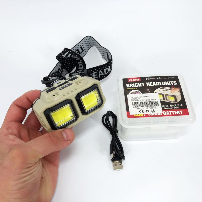 Фонарь налобный аккумуляторный Bailong HX-816S 2COB(white+red) с сенсорным датчиком влагозащита