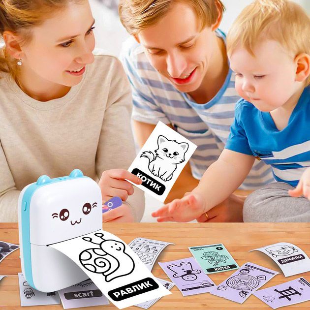 Портативный минипринтер Mini printer с Bluetooth для термопечати без чернил со смартфона. Цвет: голубой