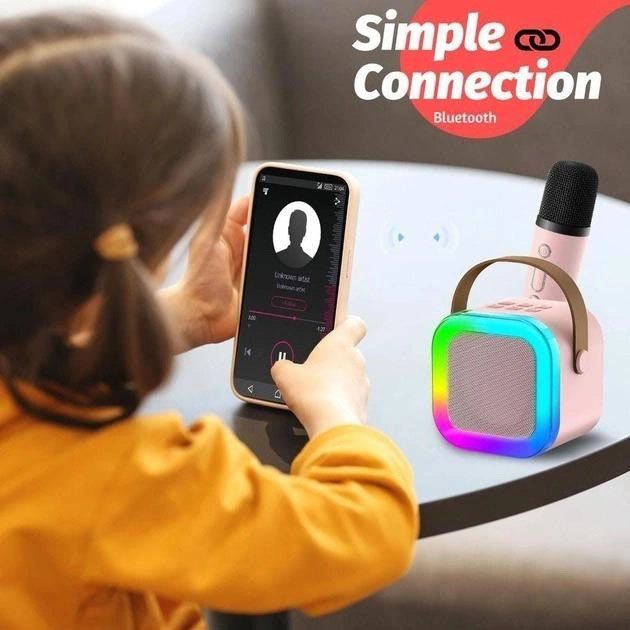 Портативная колонка с караоке микрофоном и RGB подсветкой K12 10W Bluetooth. Цвет: розовый