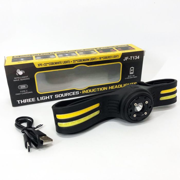 Фонарь налобный T134-XPE-4COB (white+yellow+red) Motion Sensor, налобный фонарик с usb зарядкой