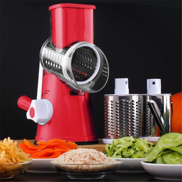 Овощерезка мультислайсер Tabletop Drum Grater Kitchen Master Терка для овощей и фруктов 3 насадки. Цвет: красный