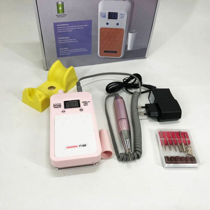 Портативный Фрезер для ногтей Nail Drill YT-928 аккумуляторный с индикатором заряда на 35 000 оборотов. Цвет: розовый