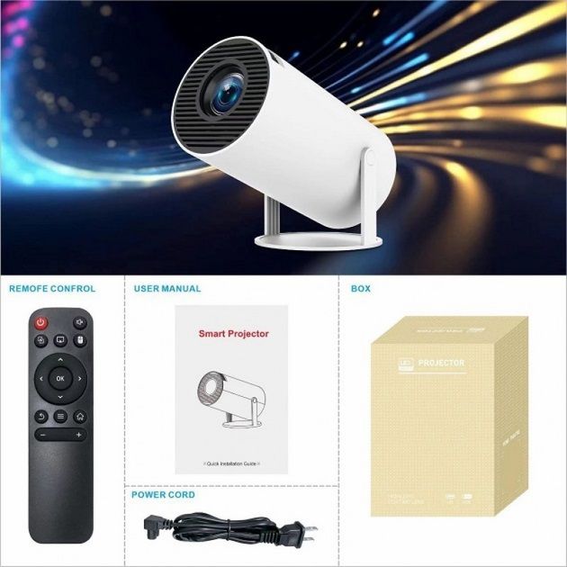 LED Проектор для дома портативный Смарт с WiFi, Bluetooth, Android 11, белый, 1280х720р