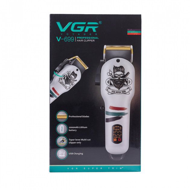 Машинка для стрижки волос и бороды профессиональная VGR V-699 B с насадками и LED дисплеем. Цвет: белый