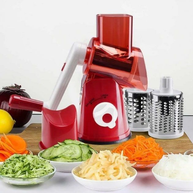 Овощерезка мультислайсер Tabletop Drum Grater Kitchen Master Терка для овощей и фруктов 3 насадки. Цвет: красный