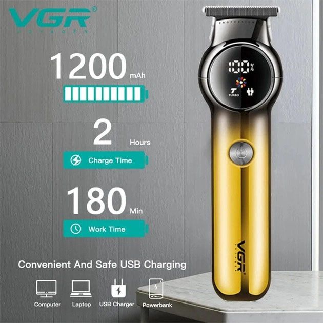 Триммер для бороды и усов VGR V-989. Машинка для стрижки, окантовки керамика+сталь. Цвет: золотой
