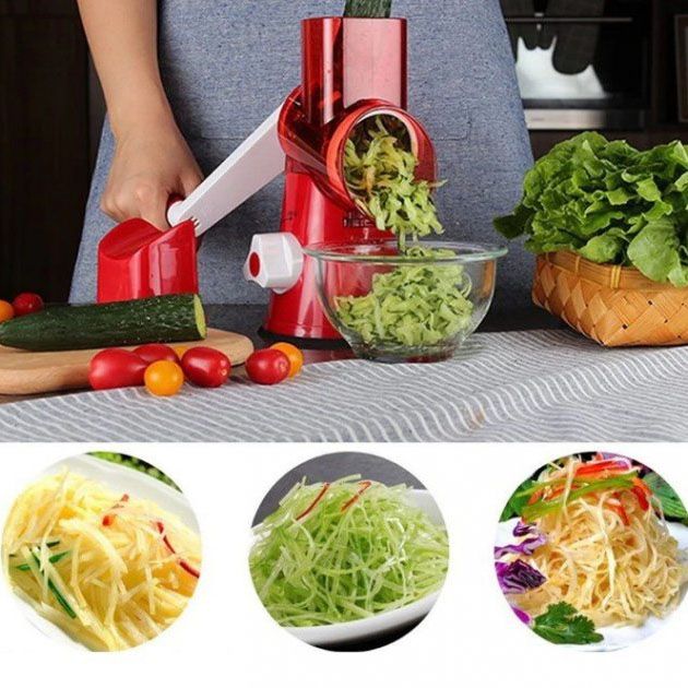 Овощерезка мультислайсер Tabletop Drum Grater Kitchen Master Терка для овощей и фруктов 3 насадки. Цвет: красный